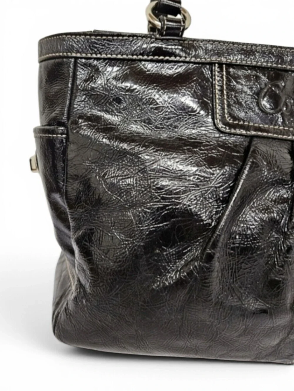 Coach Gallery Zippered Tote Bag in Black Patent Cowhide Leather F13761
